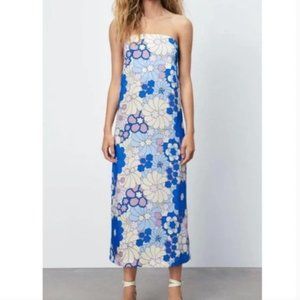 LAST CHANCE NWT Zara Blogger Fave Blue Retro Floral Satin Midi Dress